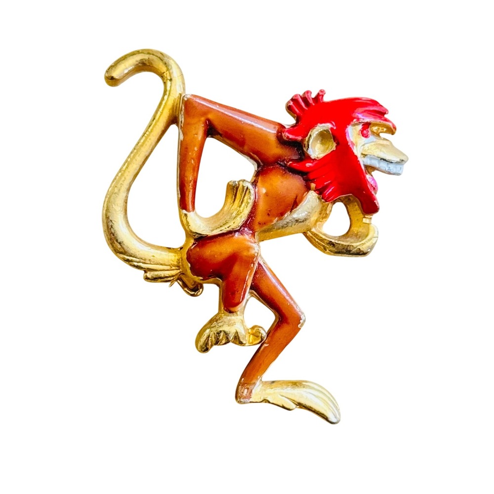 VTG Walt Disney Productions Jungle Book Laughing Monkey Pin Brooch Gold Enamel